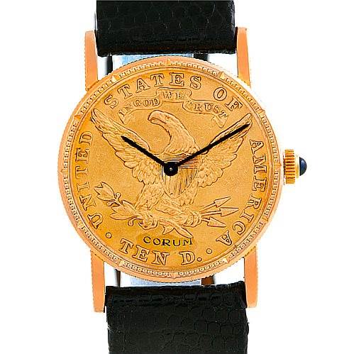 This is a front view of the Corum Women's Yellow Gold Black Dial Women's Yellow Gold Black Dial Vintage Ladies 18K Yellow Gold 10 Dollars Coin Watch with its black strap and detailed coin face.