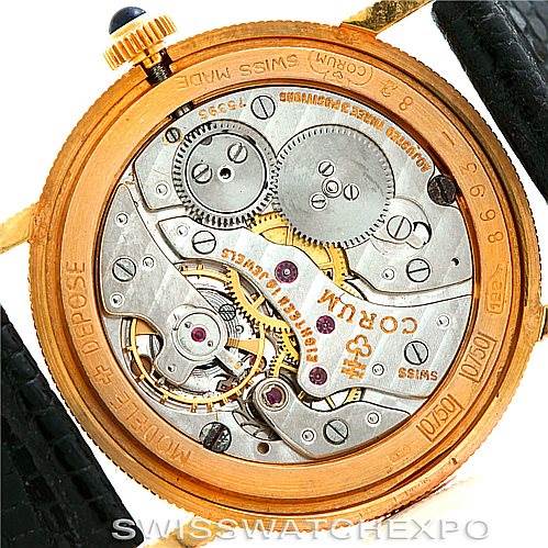 This image shows the movement and inner back case of the Corum Women's Yellow Gold Black Dial Women's Yellow Gold Black Dial Vintage Ladies 18K Yellow Gold 10 Dollars Coin Watch, viewed from the back.
