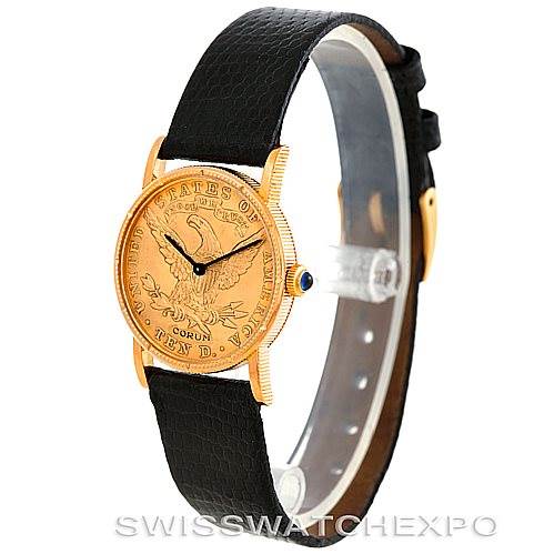 Side angle of a Corum Women's Yellow Gold Black Dial Women's Yellow Gold Black Dial Vintage Ladies 18K Yellow Gold 10 Dollars Coin Watch, showing the face, strap, and crown.