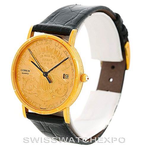 The image shows a side view of a Corum Coin Watch Men's Yellow Gold Black Dial Men's Yellow Gold Black Dial model, highlighting its gold coin face, leather strap, and date display.