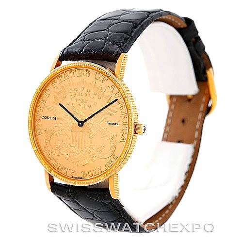 This image shows a front-angle view of the Corum Vintage model watch, displaying its face, hands, and leather strap.