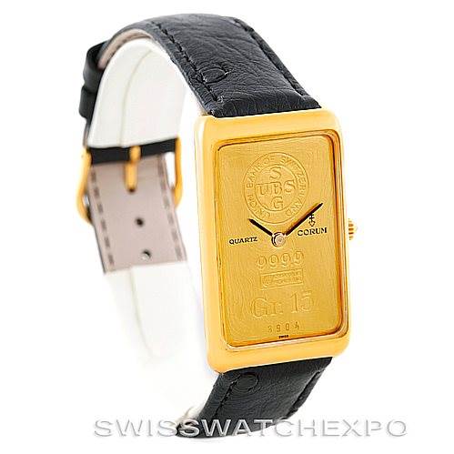 This image shows a Vintage Corum watch from an angled front view, highlighting its gold face and black leather strap.