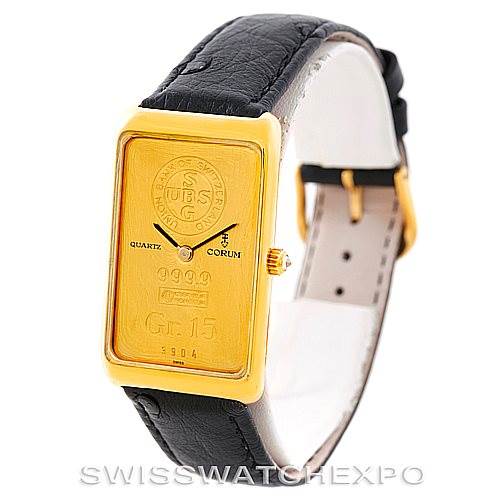 This image shows a Corum Vintage Men's Yellow Gold Champagne Dial Men's Yellow Gold Champagne Dial model watch at a three-quarter angle, displaying its rectangular gold face, black leather strap, and crown.