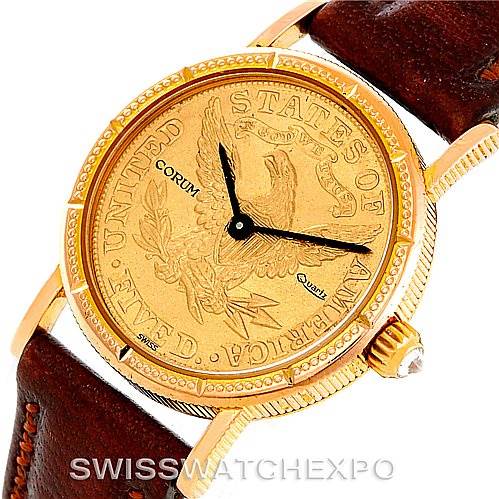 This image shows a front angle of the Corum Women's Yellow Gold Black Dial Women's Yellow Gold Black Dial Vintage Ladies 18K Yellow Gold 5 Dollars Coin Watch, highlighting the face and brown leather strap.