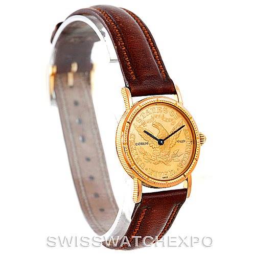 The image shows the Corum Women's Yellow Gold Black Dial Women's Yellow Gold Black Dial Vintage Ladies 18K Yellow Gold 5 Dollars Coin Watch with a brown leather strap, displayed from a front-left angle.