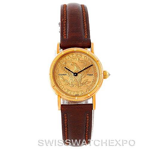 The image shows a front view of the Corum Women's Yellow Gold Black Dial Women's Yellow Gold Black Dial Vintage Ladies 18K Yellow Gold 5 Dollars Coin Watch with a brown leather strap.