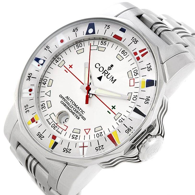 This image shows a front angled view of the Corum Admiral
s Cup watch, highlighting its face, bezel, and part of the bracelet.