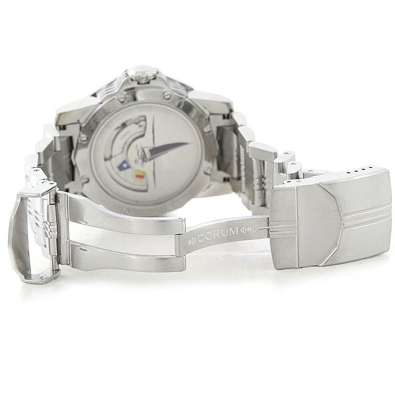 The image shows a rear and partly open view of the Corum Admiral
s Cup watch, highlighting its clasp and bracelet.