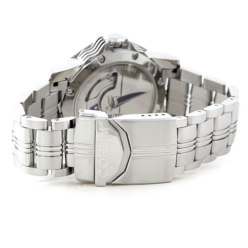 The image shows the rear and side view of a Corum Admiral
s Cup watch, highlighting the bracelet and clasp.