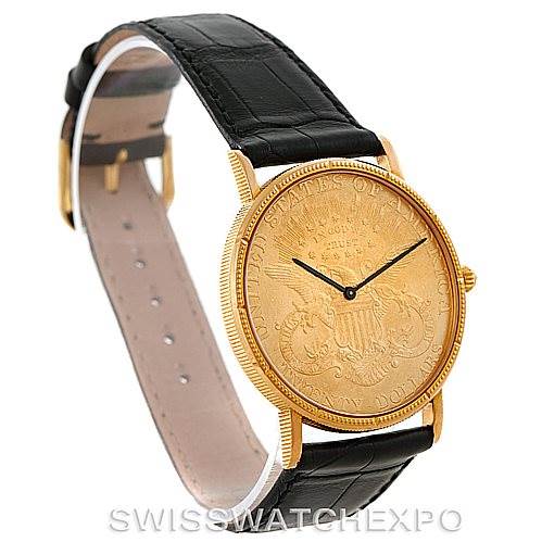 The image shows a Corum Vintage model watch at a three-quarter angle, highlighting the dial, case, and black leather strap.