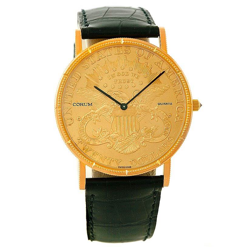 This image shows a front view of the Corum Coin Watch Men's Yellow Gold Black Dial Men's Yellow Gold Black Dial model, displaying its gold coin dial and black leather strap.
