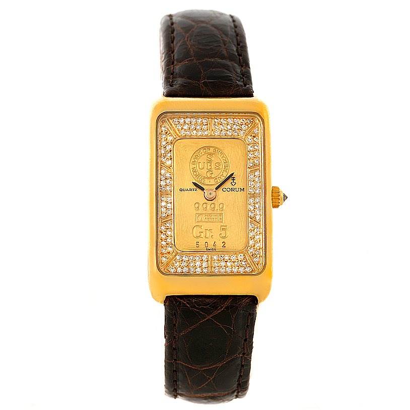 The image shows a front view of the Corum 42456 Women's Yellow Gold Champagne Dial 42456 Women's Yellow Gold Champagne Dial 18K Yellow Gold Diamond 5 Gram Ingot 999.9 Watch model with its strap and dial visible.