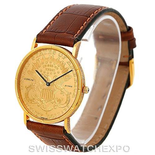 The image shows a frontal and slightly angled view of the Corum Coin Watch Men's Yellow Gold Black Dial Men's Yellow Gold Black Dial, displaying its intricate dial and brown leather strap.