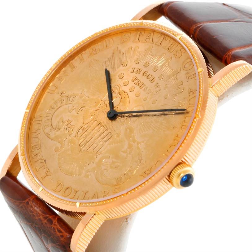 This is a close-up angle of the Corum Coin Watch Men's Yellow Gold Black Dial Men's Yellow Gold Black Dial model, showcasing the detailed face, crown, and part of the leather strap.