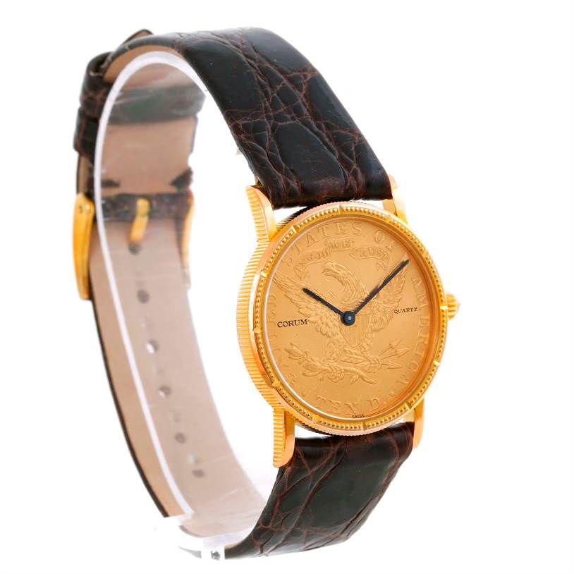 The Corum Women's Yellow Gold Black Dial Women's Yellow Gold Black Dial 22K Yellow Gold 10 Dollars Coin Diamond Ladies Watch is shown at a slight angle, displaying the face, bezel, and leather strap.