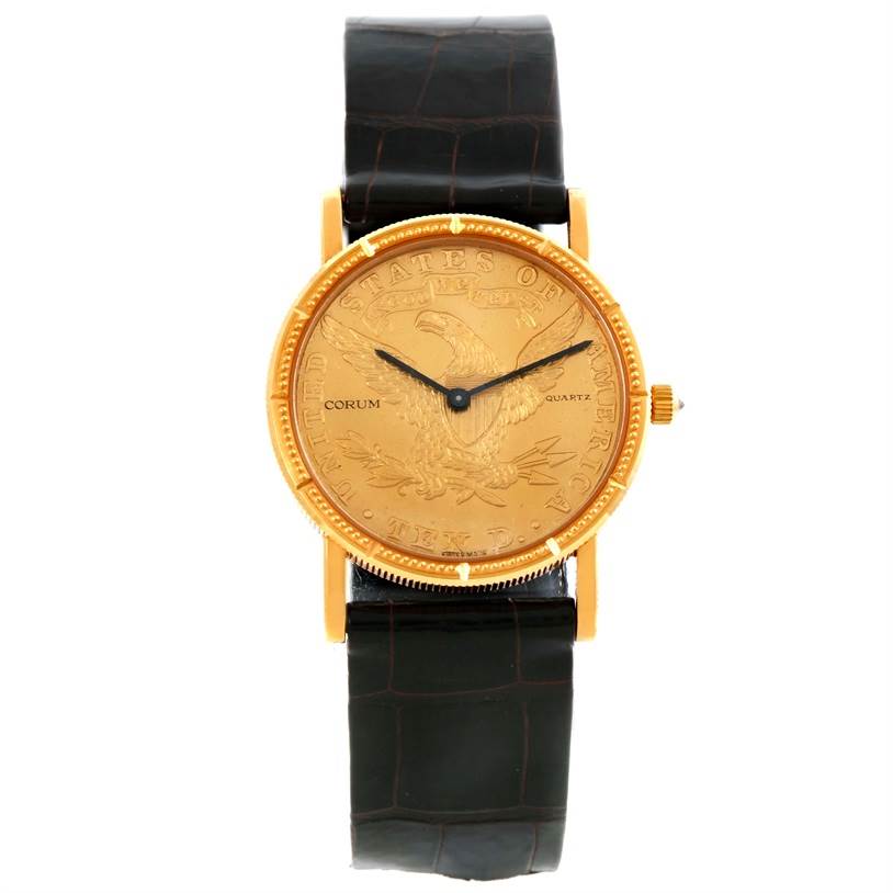 The Corum Women's  Women's  18K Yellow Gold 10 Dollars Coin Diamond Ladies Watch Unworn model is shown from the front angle, displaying the face and strap.