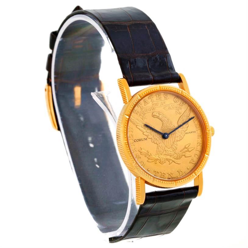 The Corum Women's  Women's  18K Yellow Gold 10 Dollars Coin Diamond Ladies Watch is shown from a front angle, displaying the face, bezel, and strap.