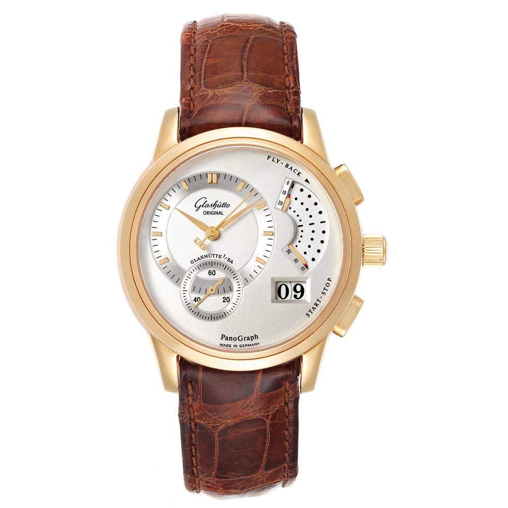 The image shows a front view of a Glashütte PanoGraph watch, highlighting its dial, sub-dials, date window, and brown leather strap.