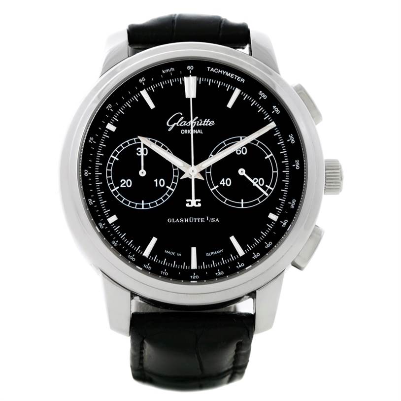 The image shows a front view of the Glashütte Original Senator watch, displaying its black dial, chronograph subdials, and tachymeter.