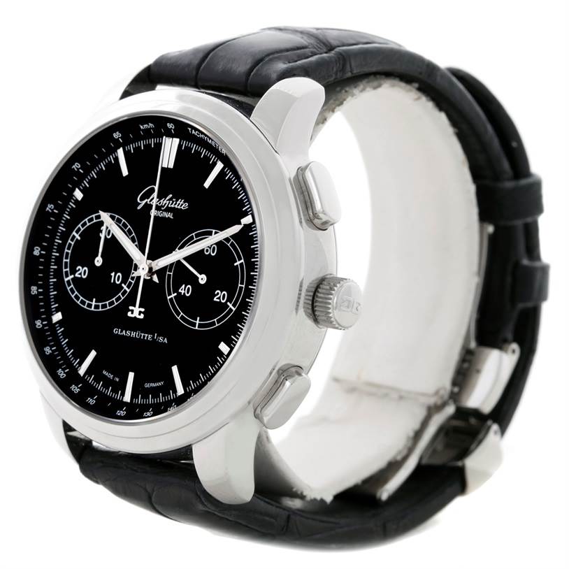 The Glashütte Senator watch is shown at a side angle, highlighting the dial, crown, pushers, and leather strap.