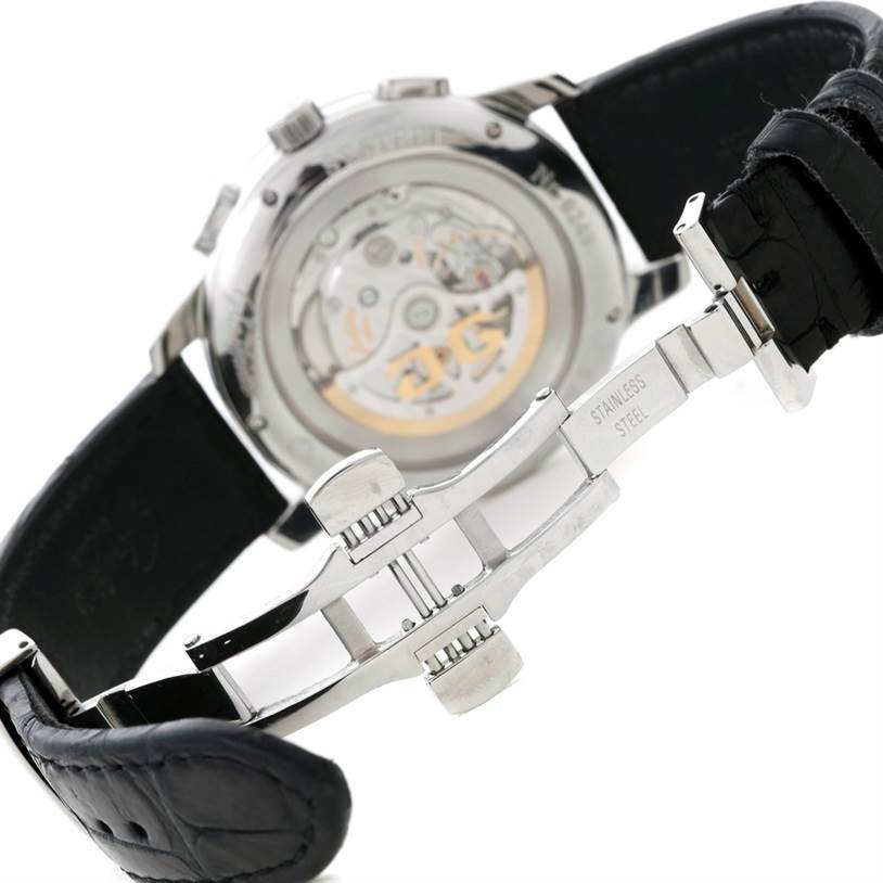 The image shows the back and clasp of a Glashütte Senator model watch, highlighting its leather strap and stainless steel components.