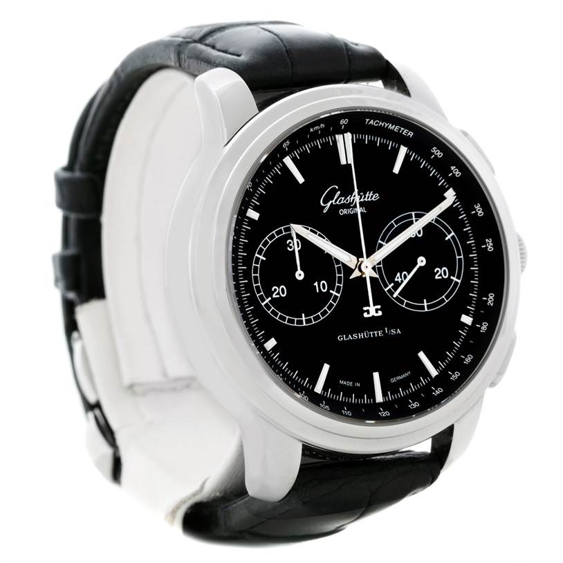 This image shows a front angle of the Glashütte Senator watch, highlighting its black dial and chronograph sub-dials with a black leather strap.