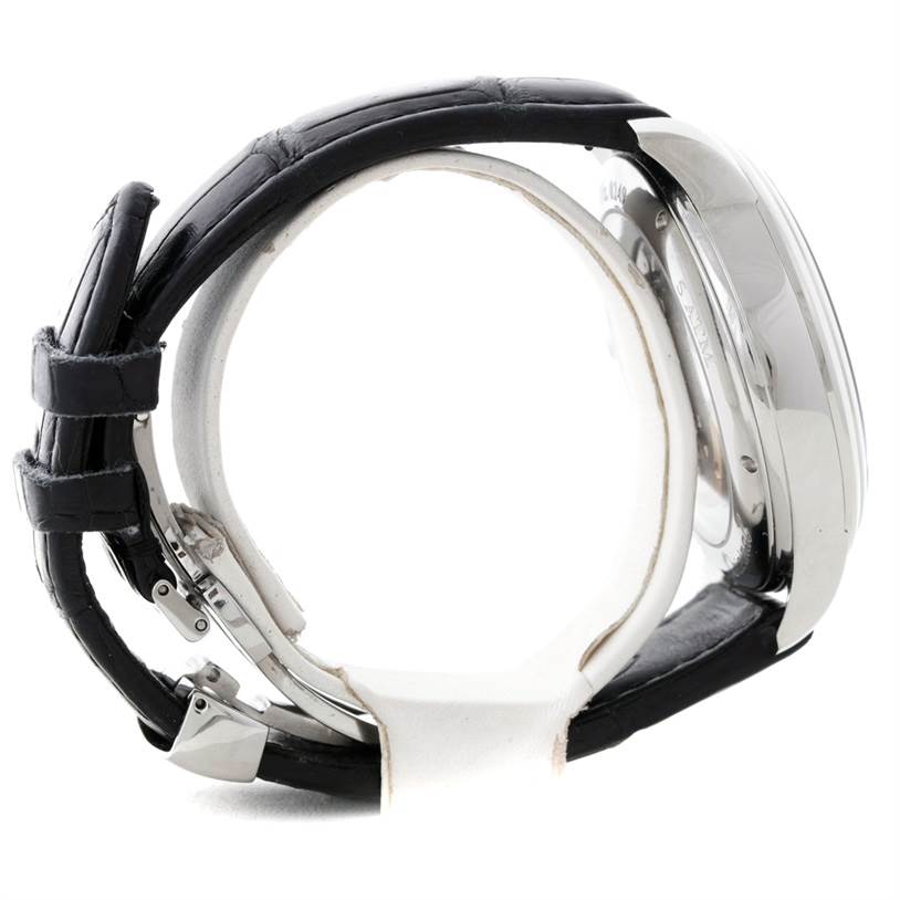 The image shows a side view of the Glashütte Senator watch, highlighting its case and strap.