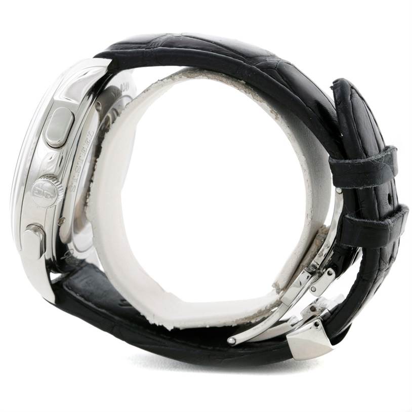 The side view of the Glashütte Senator model watch shows the crown, pushers, and part of the black leather strap.