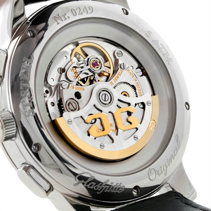 This image shows the back view of the Glashutte Senator 39-34-20-42-04 Men's Stainless Steel Black Dial 39-34-20-42-04 Men's Stainless Steel Black Dial watch, showcasing its intricate mechanical movement.