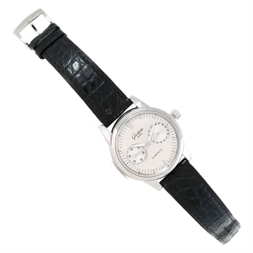 The image shows a black leather-strapped Glashutte Senator 39-58-02-02-04 Men's Stainless Steel Silver Dial 39-58-02-02-04 Men's Stainless Steel Silver Dial watch angled slightly to the side, highlighting its round dial and silver casing.