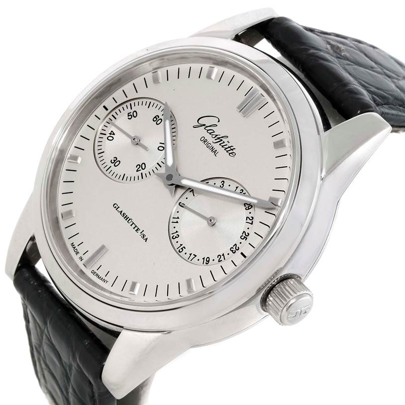 The image shows a Glashutte Original Senator model watch at a slight angle, highlighting the dial, sub-dials, case, and the strap.