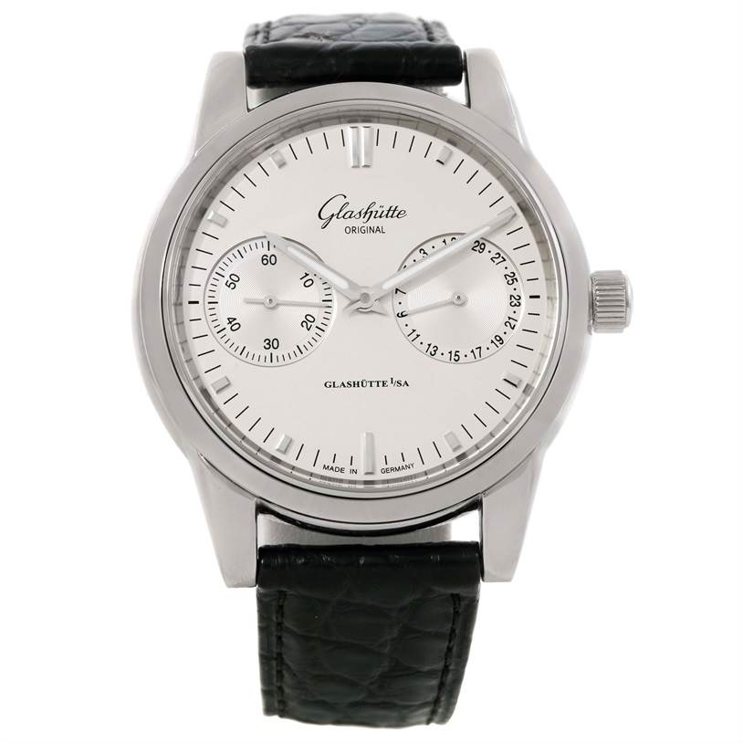 The image shows a Glashütte Senator model watch from a front angle, featuring its face, bezel, and part of the leather strap.