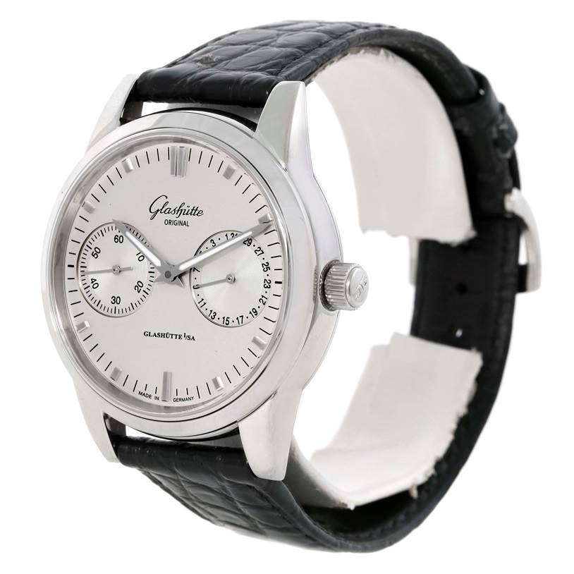 The image shows a Glashütte Senator watch at an angled view, displaying the dial, case, crown, and leather strap.