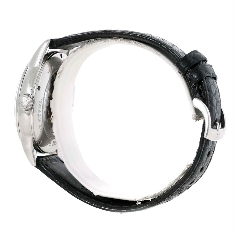 This image shows the back and side view of a Glashutte Senator 39-58-02-02-04 Men's Stainless Steel Silver Dial 39-58-02-02-04 Men's Stainless Steel Silver Dial watch, highlighting the crown, case back, and leather strap.