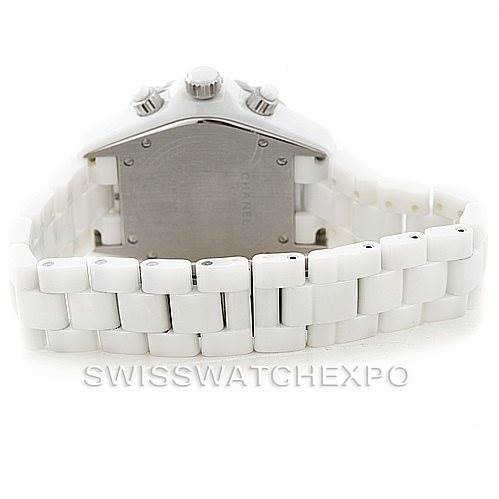 The image shows the back view of the Chanel H1664 Stainless Steel White Dial H1664 Stainless Steel White Dial J12 Chronograph White Ceramic Black Diamond Watch H1664, focusing on the bracelet and case back.