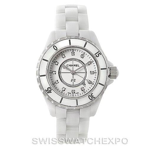 Front view of the Chanel H2422 Women's Stainless Steel White Dial H2422 Women's Stainless Steel White Dial J12 White Ceramic Diamonds Quartz Ladies Watch H2422, displaying its face and full bracelet.