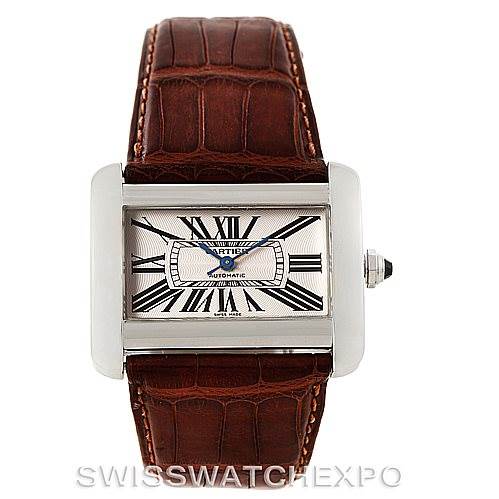 This image shows a frontal view of a Cartier Tank Divan W6300755 Men's Stainless Steel Silver Dial W6300755 Men's Stainless Steel Silver Dial watch with a brown leather strap.