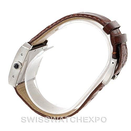 The image shows a side view of a Cartier Tank Divan W6300755 Men's Stainless Steel Silver Dial W6300755 Men's Stainless Steel Silver Dial watch, highlighting the crown, case, and brown leather strap.