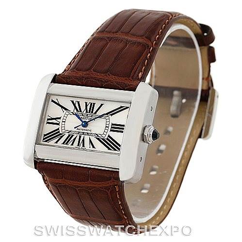 The Cartier Tank Divan W6300755 Men's Stainless Steel Silver Dial W6300755 Men's Stainless Steel Silver Dial watch is shown at a front three-quarter angle, displaying the face, case, and strap.