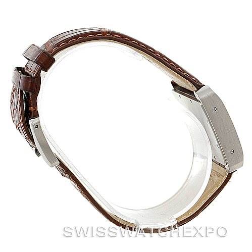 The image shows a Cartier Tank Divan W6300755 Men's Stainless Steel Silver Dial W6300755 Men's Stainless Steel Silver Dial watch from a side angle, highlighting the brown leather strap and the right side of the watch face.