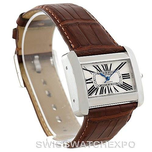 The image shows a Cartier Tank Divan W6300755 Men's Stainless Steel Silver Dial W6300755 Men's Stainless Steel Silver Dial watch at a slightly angled top-down view, highlighting its rectangular face and brown leather strap.