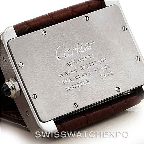 This image shows the back view of a Cartier Tank Divan W6300755 Men's Stainless Steel Silver Dial W6300755 Men's Stainless Steel Silver Dial watch, highlighting its stainless steel case and engraved details.