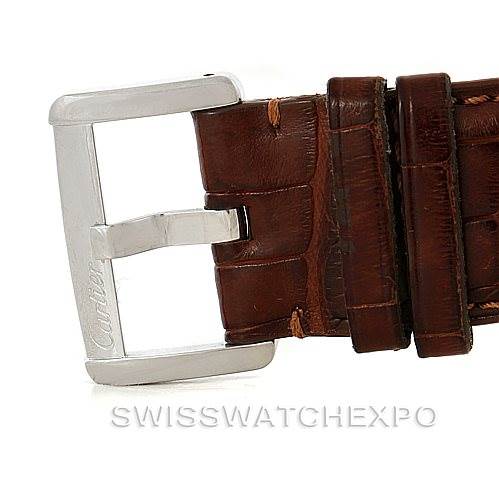 This image shows a side view of the buckle and leather strap of the Cartier Tank Divan W6300755 Men's Stainless Steel Silver Dial W6300755 Men's Stainless Steel Silver Dial watch.