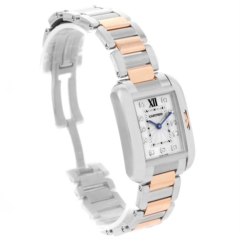 The image shows a Cartier Tank Anglaise WT100024 Women's Steel and Gold (two tone) Silver Dial WT100024 Women's Steel and Gold (two tone) Silver Dial watch from an angled side view, highlighting the face, bezel, and two-tone metal strap.