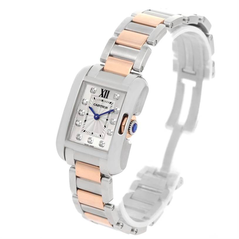 This Cartier Tank Anglaise WT100024 Women's Steel and Gold (two tone) Silver Dial WT100024 Women's Steel and Gold (two tone) Silver Dial watch is shown at a side angle, highlighting the face, crown, and two-tone metal bracelet.