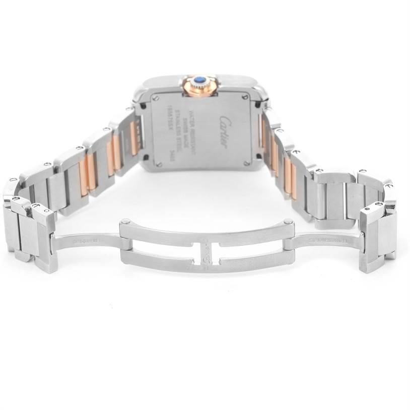 The image shows a rear view of a Tank Anglaise model by Cartier, highlighting the bracelet, clasp, and case back.
