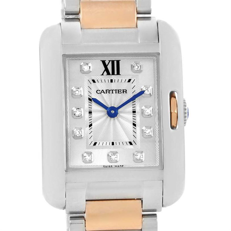 This image shows a close-up, front view of the Cartier Tank Anglaise watch, highlighting its face, bezel, and part of the bracelet.