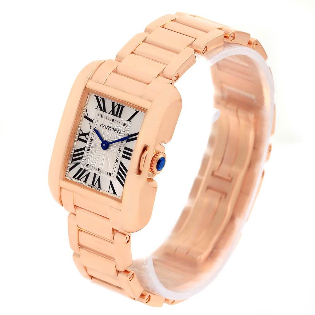 The image shows a perspective view of the Cartier Tank Anglaise W5310013 Women's Rose Gold Silver Dial W5310013 Women's Rose Gold Silver Dial watch, highlighting the case, bracelet, and dial with Roman numerals.