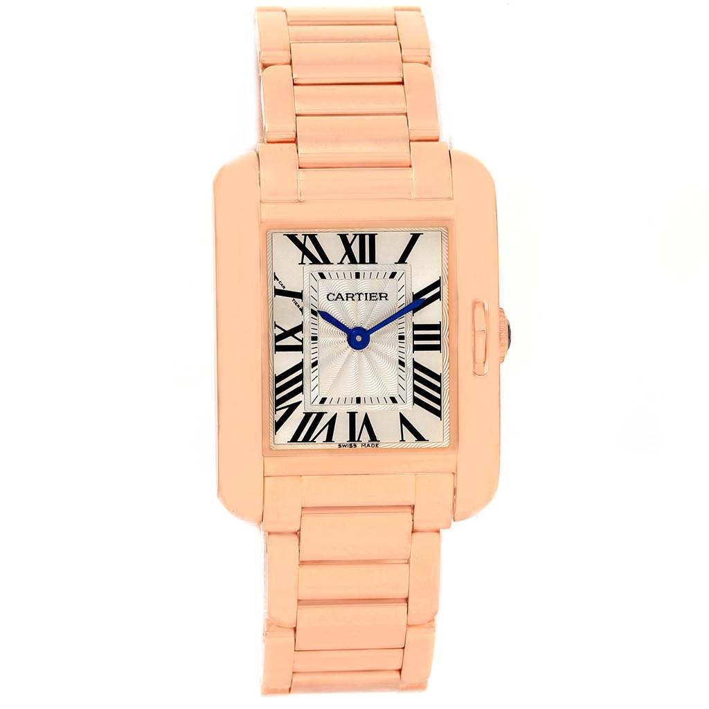 The image shows a front view of a Cartier Tank Anglaise W5310013 Women's Rose Gold Silver Dial W5310013 Women's Rose Gold Silver Dial model, highlighting its dial and bracelet.