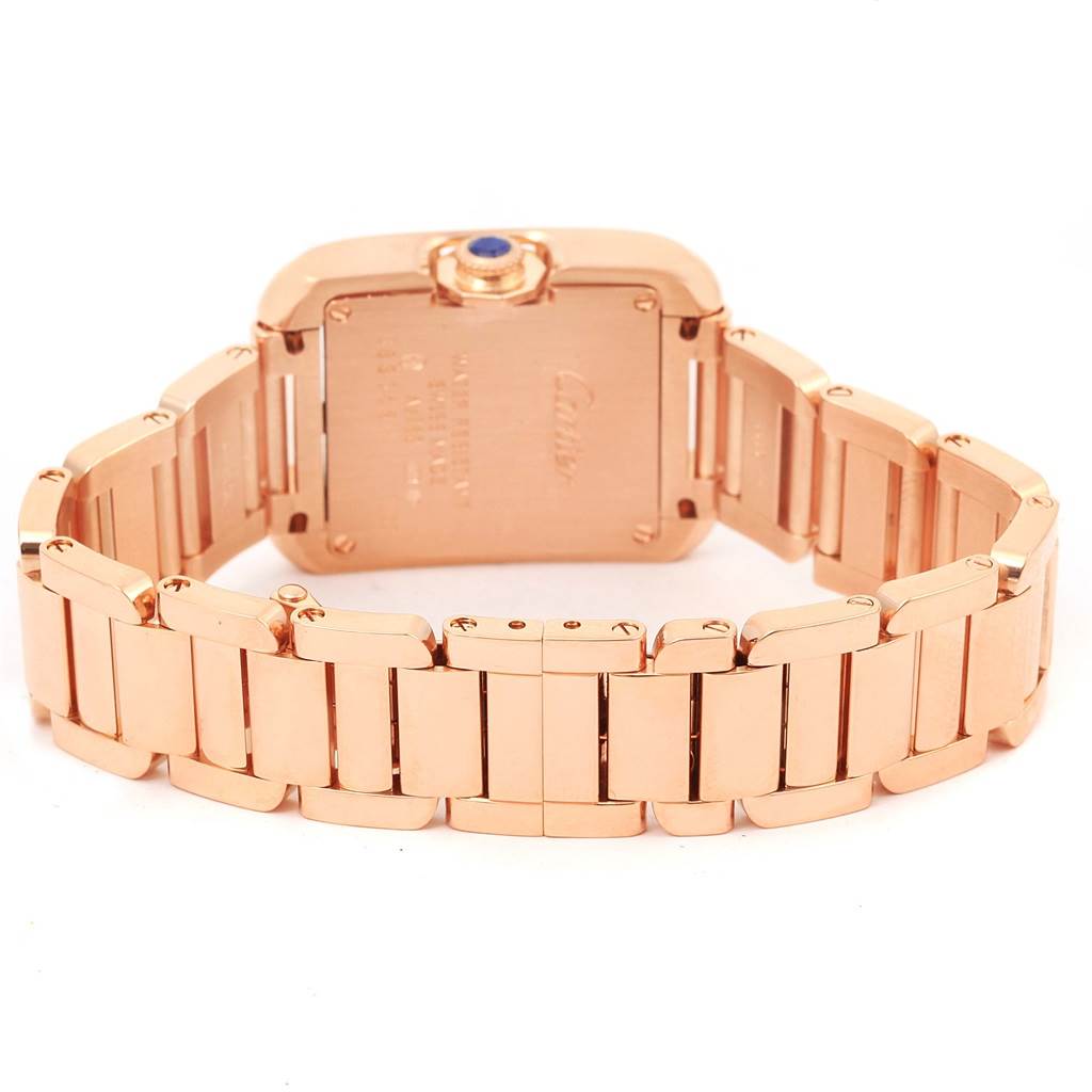 This image shows the back and bracelet of the Cartier Tank Anglaise W5310013 Women's Rose Gold Silver Dial W5310013 Women's Rose Gold Silver Dial watch in a close-up angle.
